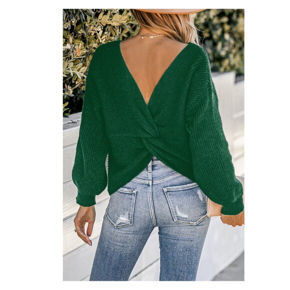 NWT Women's Cupshe Rib Twisted Low-Cut Back Green Sweater Size Large - Picture 1 of 11